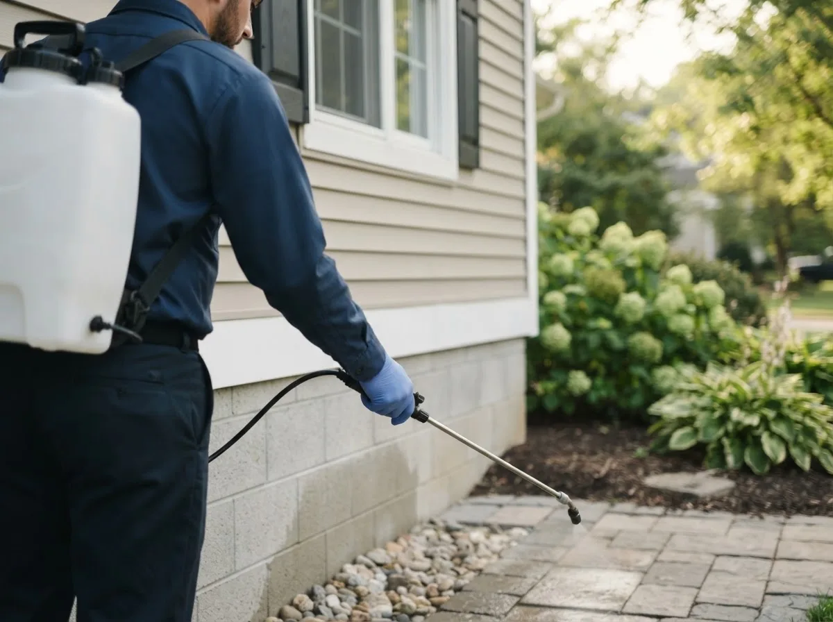 Pest control technician inspecting a home in Lindley, NY